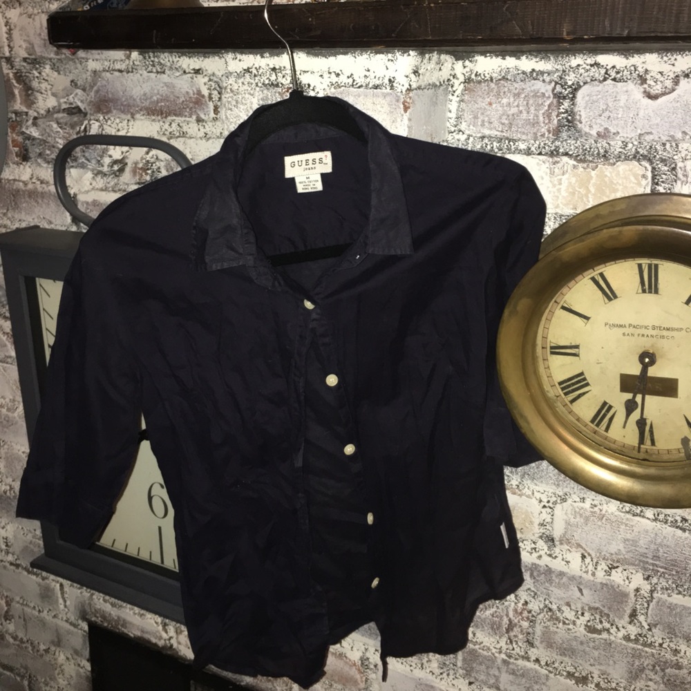 Guess blue mid sleeve button down shirt medium